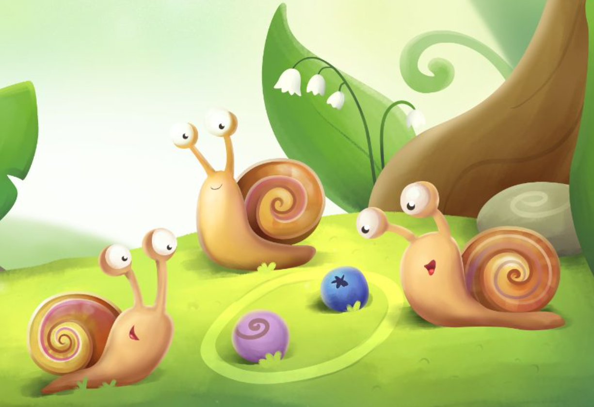 A group of speedy Znails gathered around colorful pebble balls in Znail Valley