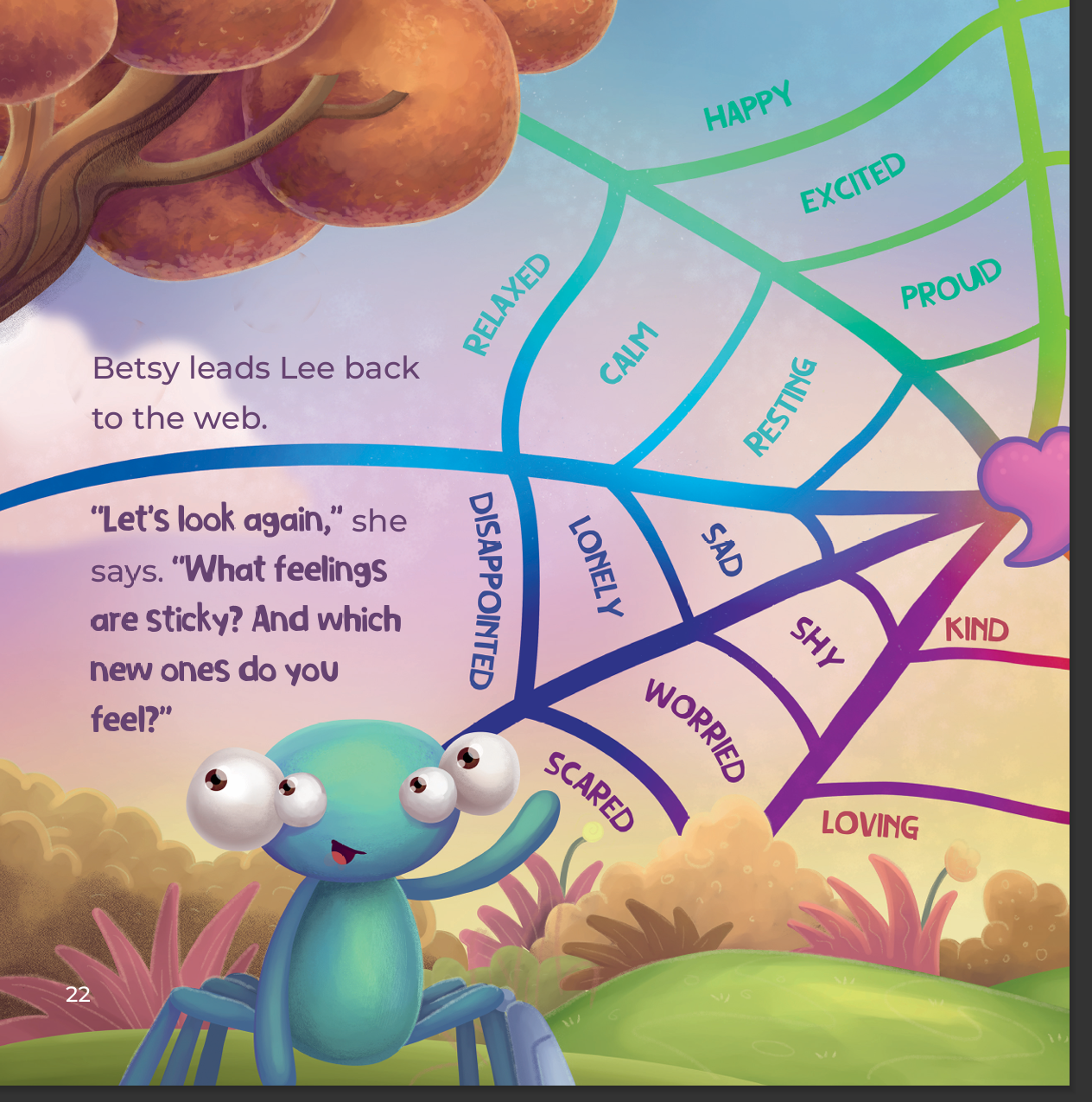 Betsy the spider beside a colorful web filled with many feeling words