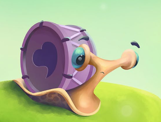 Lee, the curious drumshell snail, looking ahead with one eye raised