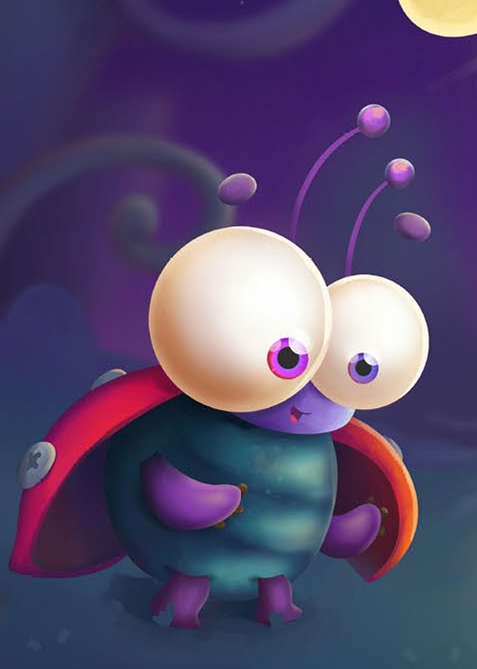Lily the ladybug smiling against a deep purple valley background