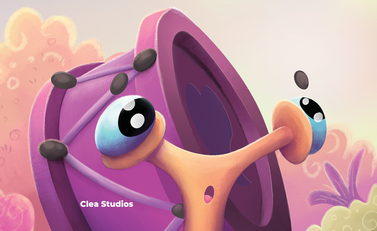 Lee, a wide-eyed snail, listening closely beside a large purple drumshell in Znail Valley