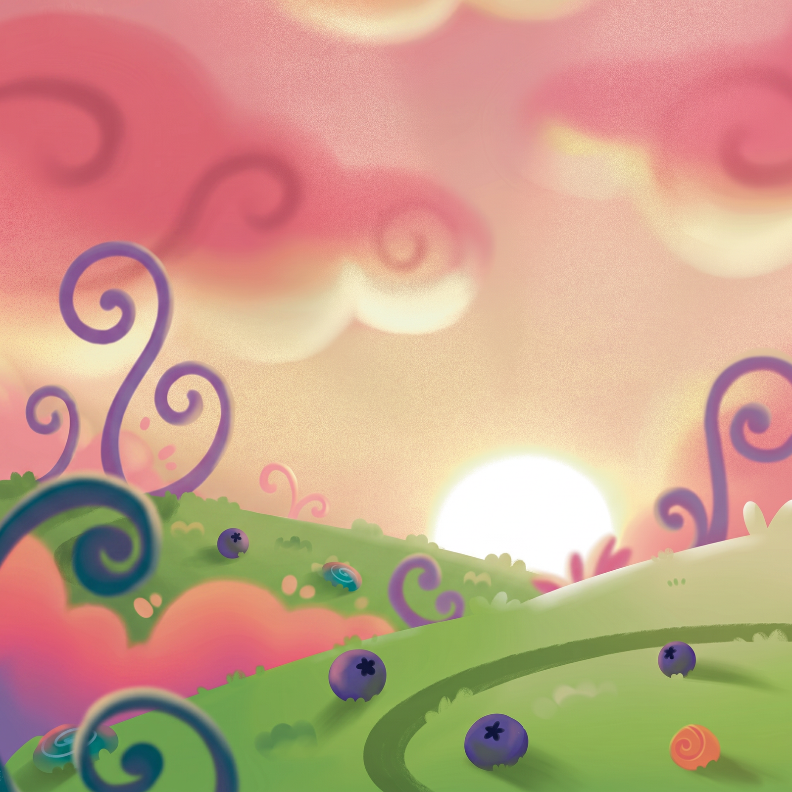 Tiny spiral-shelled Znails racing over curving green hills at sunset in Znail Valley
