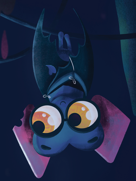 KoKo hanging upside down, with thick round glasses reflecting Lee