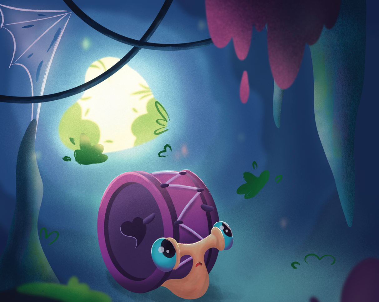Lee the drumshell snail pauses cautiously in a blue forest